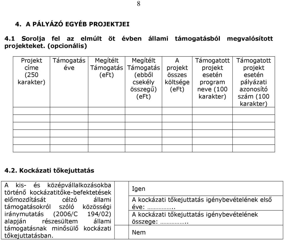 karakter) Támogatott projekt esetén pályázati azonosító szám (100 karakter) 4.2.