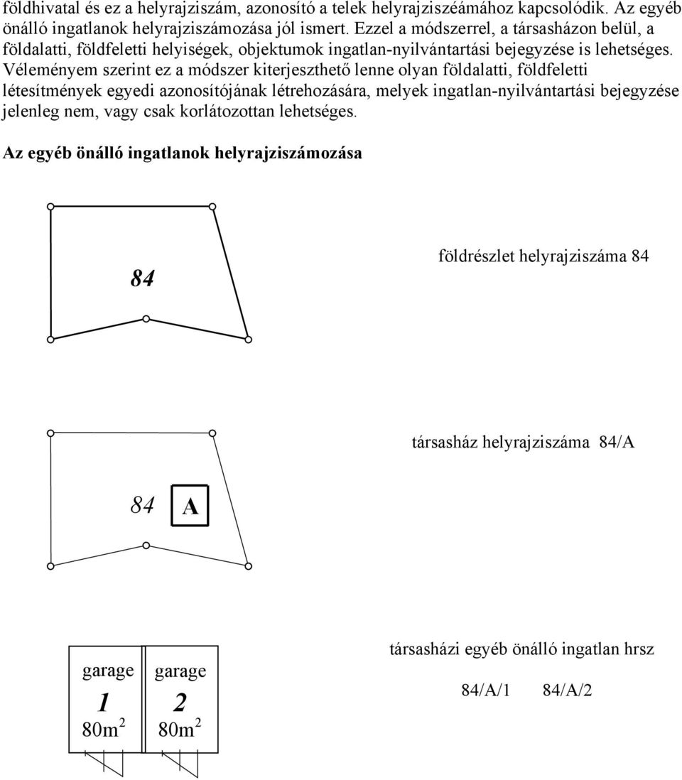 Véleményem szerint ez a módszer kiterjeszthető lenne olyan földalatti, földfeletti létesítmények egyedi azonosítójának létrehozására, melyek ingatlan-nyilvántartási bejegyzése