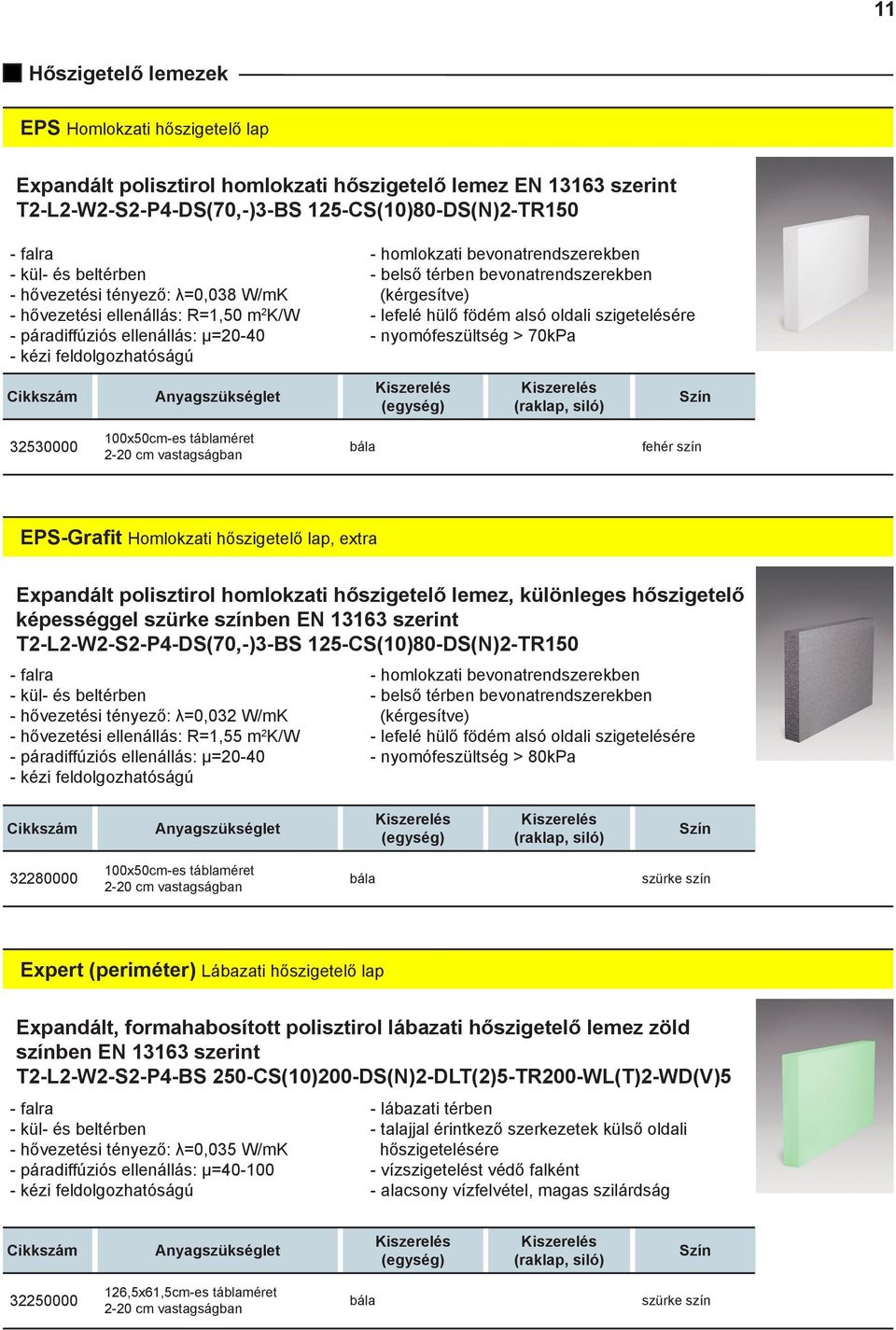 lefelé hülő födém alsó oldali szigetelésére - nyomófeszültség > 70kPa 250000 100x50cm-es táblaméret 2-20 cm vastagságban bála fehér szín EPS-Grafit Homlokzati hőszigetelő lap, extra Expandált