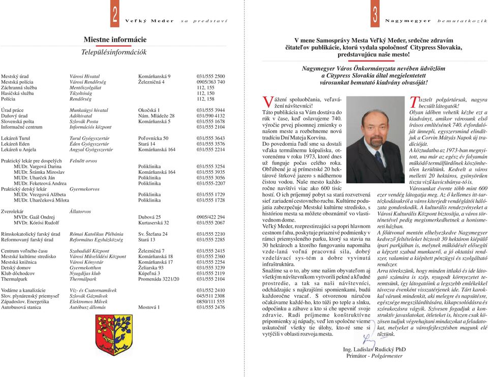 Mládeže 28 031/590 4132 Slovenská pošta Szlovák Posta Komárňanská 5 031/555 1678 Informačné centrum Információs központ 031/555 2104 Lekáreň Turul Turul Gyógyszertár Poľovnícka 50 031/555 3643