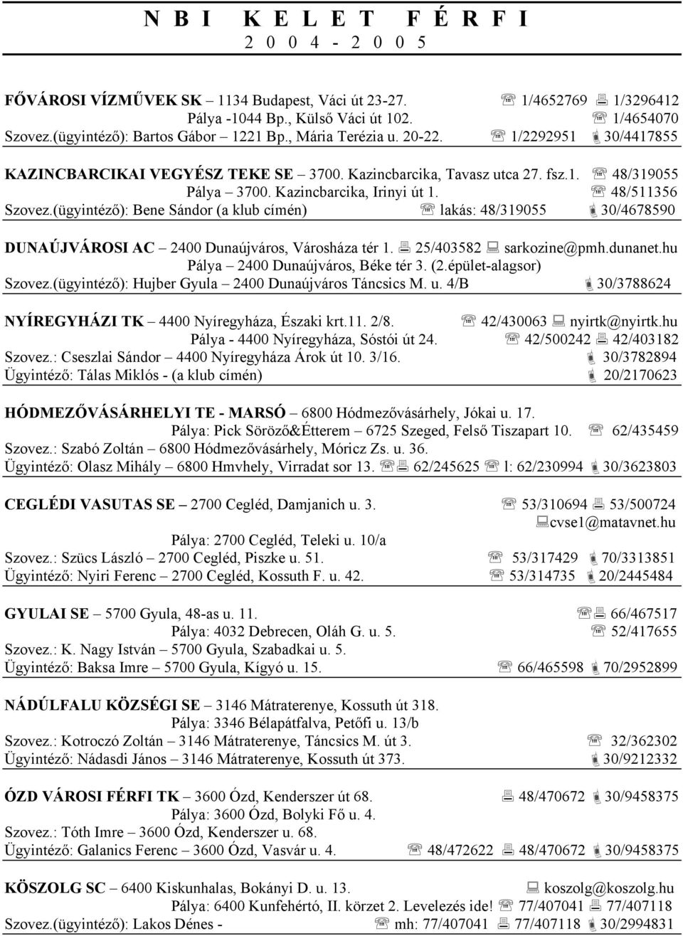 (ügyintéző): Bene Sándor (a klub címén) lakás: 48/319055 30/4678590 DUNAÚJVÁROSI AC 2400 Dunaújváros, Városháza tér 1. 25/403582 sarkozine@pmh.dunanet.hu Pálya 2400 Dunaújváros, Béke tér 3. (2.