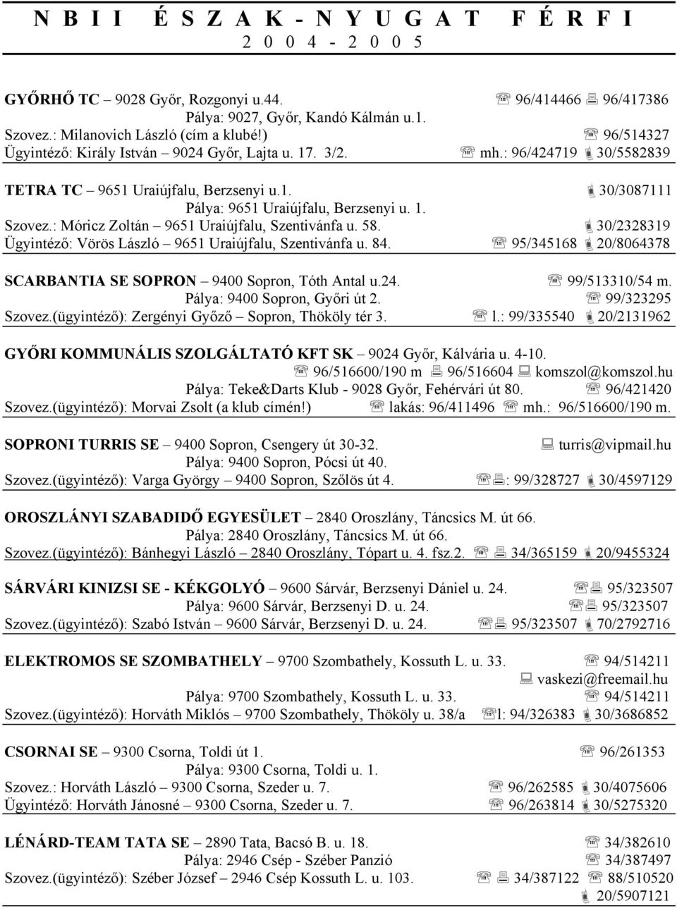 : Móricz Zoltán 9651 Uraiújfalu, Szentivánfa u. 58. 30/2328319 Ügyintéző: Vörös László 9651 Uraiújfalu, Szentivánfa u. 84. 95/345168 20/8064378 SCARBANTIA SE SOPRON 9400 Sopron, Tóth Antal u.24.