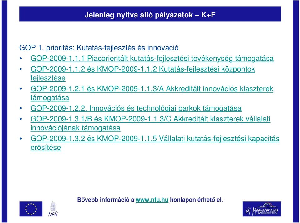 2.2. Innovációs és technológiai parkok támogatása GOP-2009-1.3.1/B és KMOP-2009-1.1.3/C Akkreditált klaszterek vállalati innovációjának támogatása GOP-2009-1.