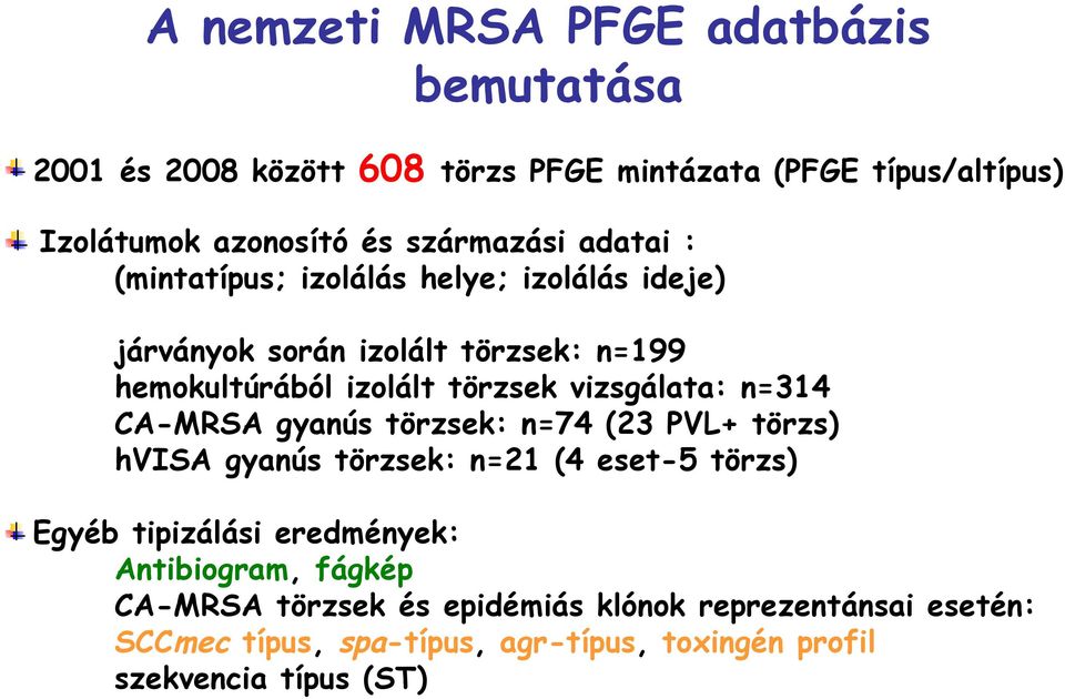 vizsgálata: n=314 CA-MRSA gyanús törzsek: n=74 (23 PVL+ törzs) hvisa gyanús törzsek: n=21 (4 eset-5 törzs) Egyéb tipizálási eredmények: