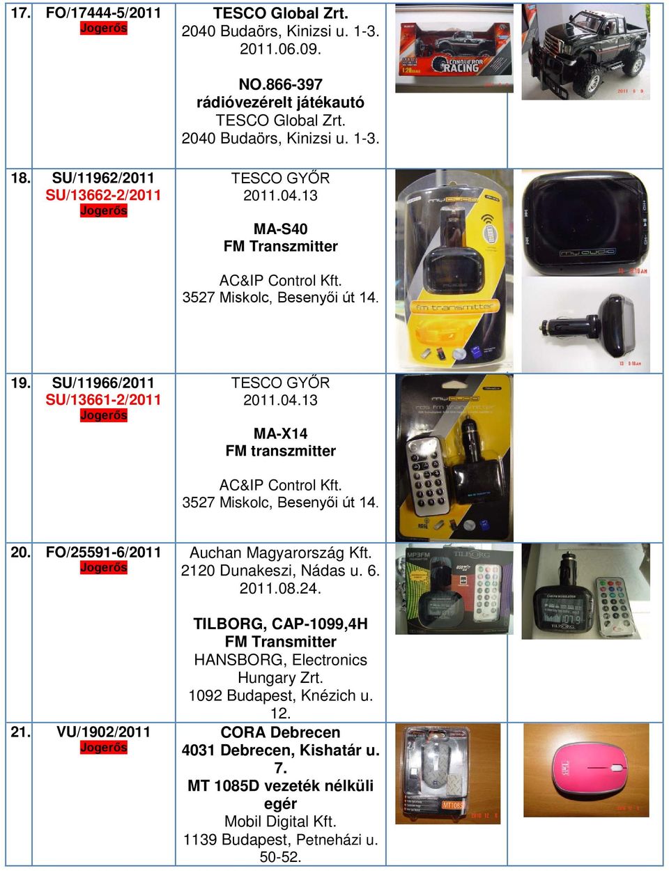20. FO/25591-6/2011 21. VU/1902/2011 Auchan Magyarország 2120 Dunakeszi, Nádas u. 6. 2011.08.24. TILBORG, CAP-1099,4H FM Transmitter HANSBORG, Electronics Hungary Zrt.