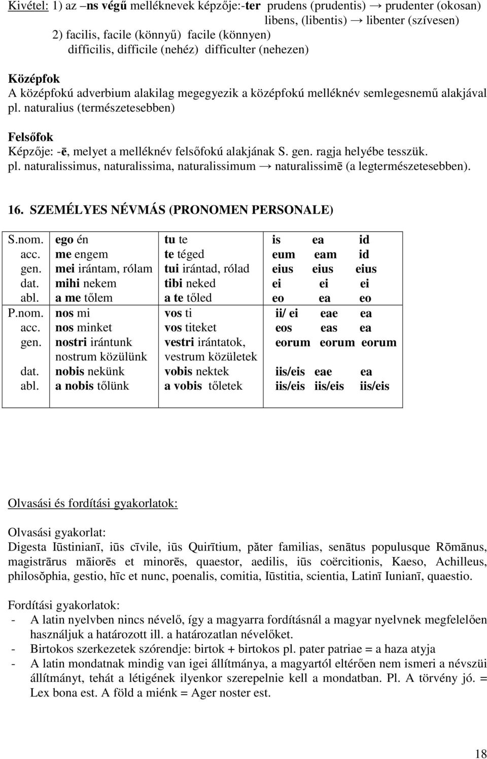 naturalius (természetesebben) Felsıfok Képzıje: -ē, melyet a melléknév felsıfokú alakjának S. gen. ragja helyébe tesszük. pl.