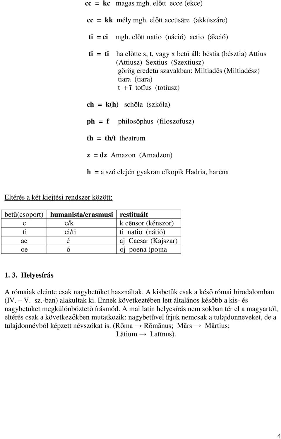 (totíusz) ch = k(h) schōla (szkóla) ph = f philosŏphus (filoszofusz) th = th/t theatrum z = dz Amazon (Amadzon) h = a szó elején gyakran elkopik Hadria, harēna Eltérés a két kiejtési rendszer között: