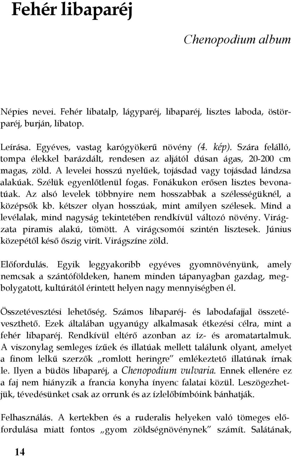 Fonákukon erősen lisztes bevonatúak. Az alsó levelek többnyire nem hosszabbak a szélességüknél, a középsők kb. kétszer olyan hosszúak, mint amilyen szélesek.