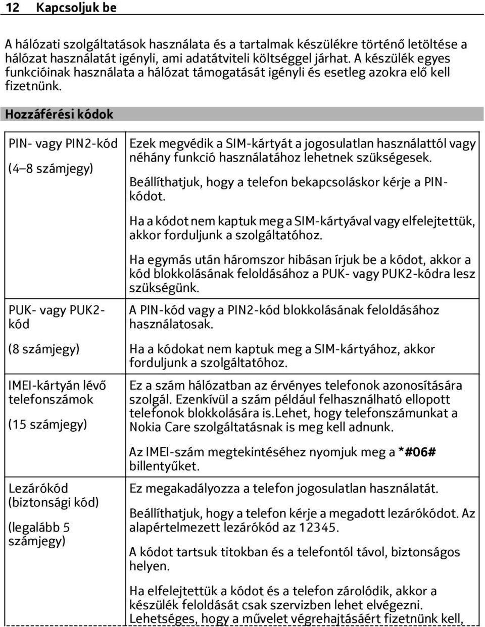 Hozzáférési kódok PIN- vagy PIN2-kód (4 8 számjegy) PUK- vagy PUK2- kód (8 számjegy) IMEI-kártyán lévő telefonszámok (15 számjegy) Lezárókód (biztonsági kód) (legalább 5 számjegy) Ezek megvédik a