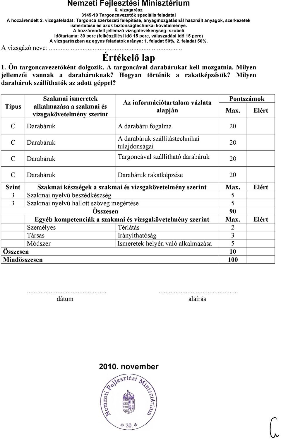 Típus Szakmai ismeretek alkalmazása a szakmai és vizsgakövetelmény szerint z információtartalom vázlata alapján C Darabáruk darabáru fogalma 20 C Darabáruk darabáruk szállítástechnikai tulajdonságai