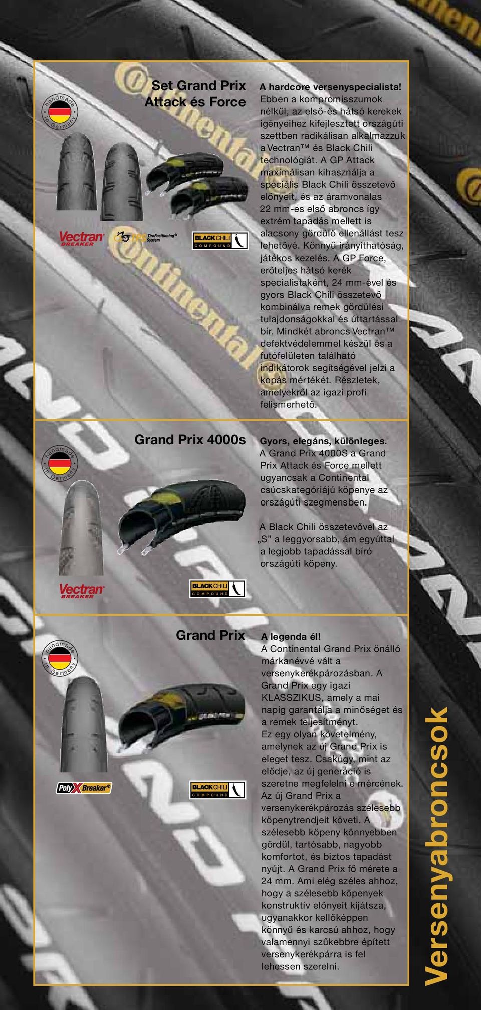 A GP Attack maximálisan kihasználja a speciális Black Chili összetevő előnyeit, és az áramvonalas 22 mm-es első abroncs így extrém tapadás mellett is alacsony gördülő ellenállást tesz lehetővé.