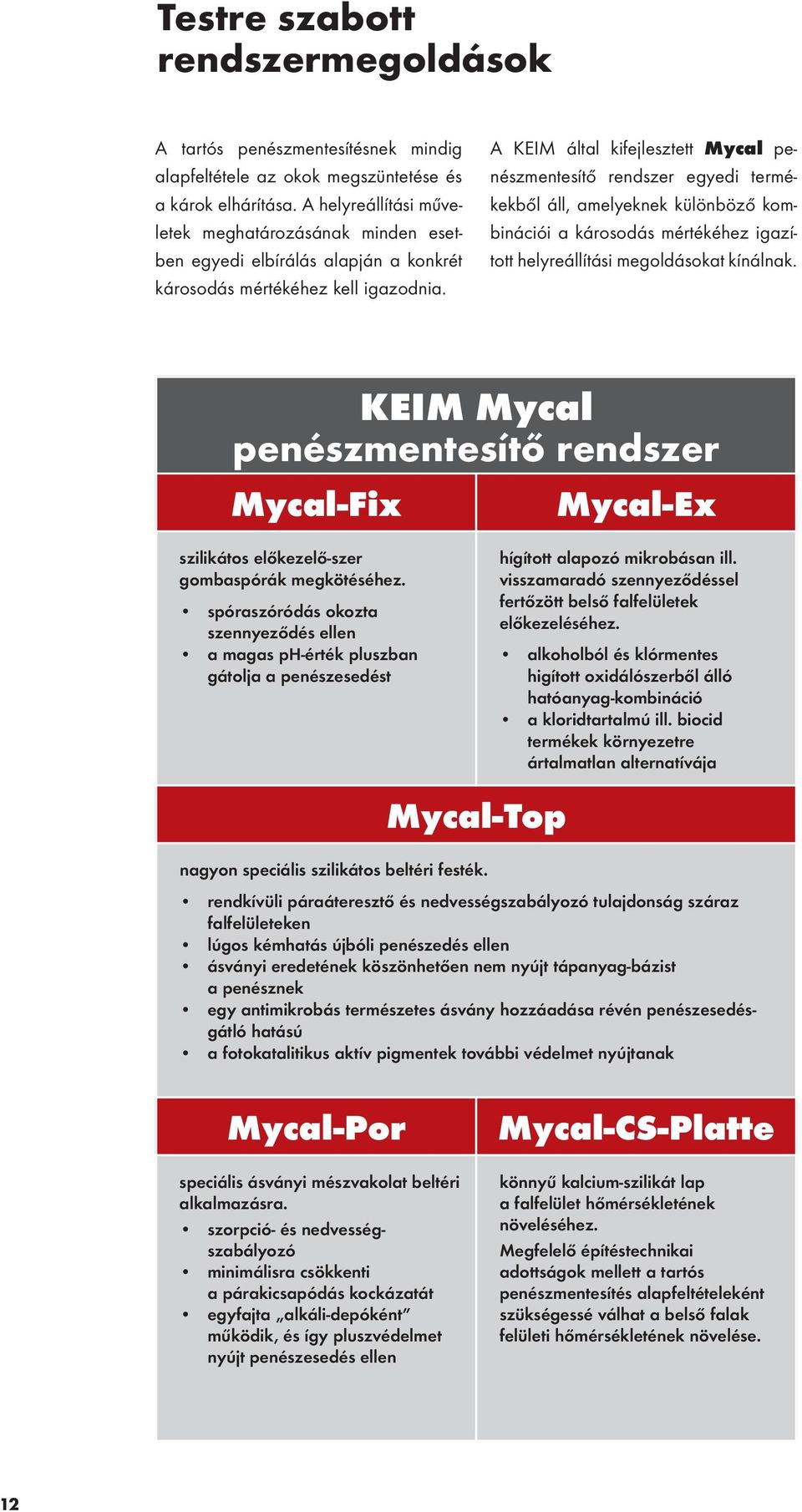 A KEIM által kifejlesztett Mycal penészmentesítő rendszer egyedi termékekből áll, amelyeknek különböző kombinációi a károsodás mértékéhez igazított helyreállítási megoldásokat kínálnak.