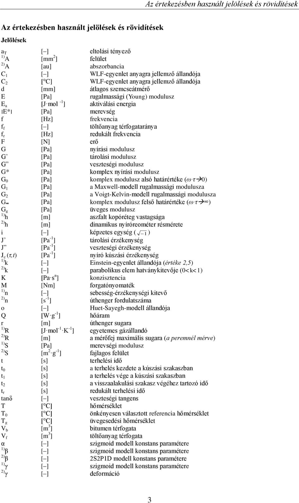 [Hz] frekvencia f f [ ] töltőanyag térfogataránya f r [Hz] redukált frekvencia F [N] erő G [Pa] nyírási modulusz G [Pa] tárolási modulusz G [Pa] veszteségi modulusz G* [Pa] komplex nyírási modulusz G