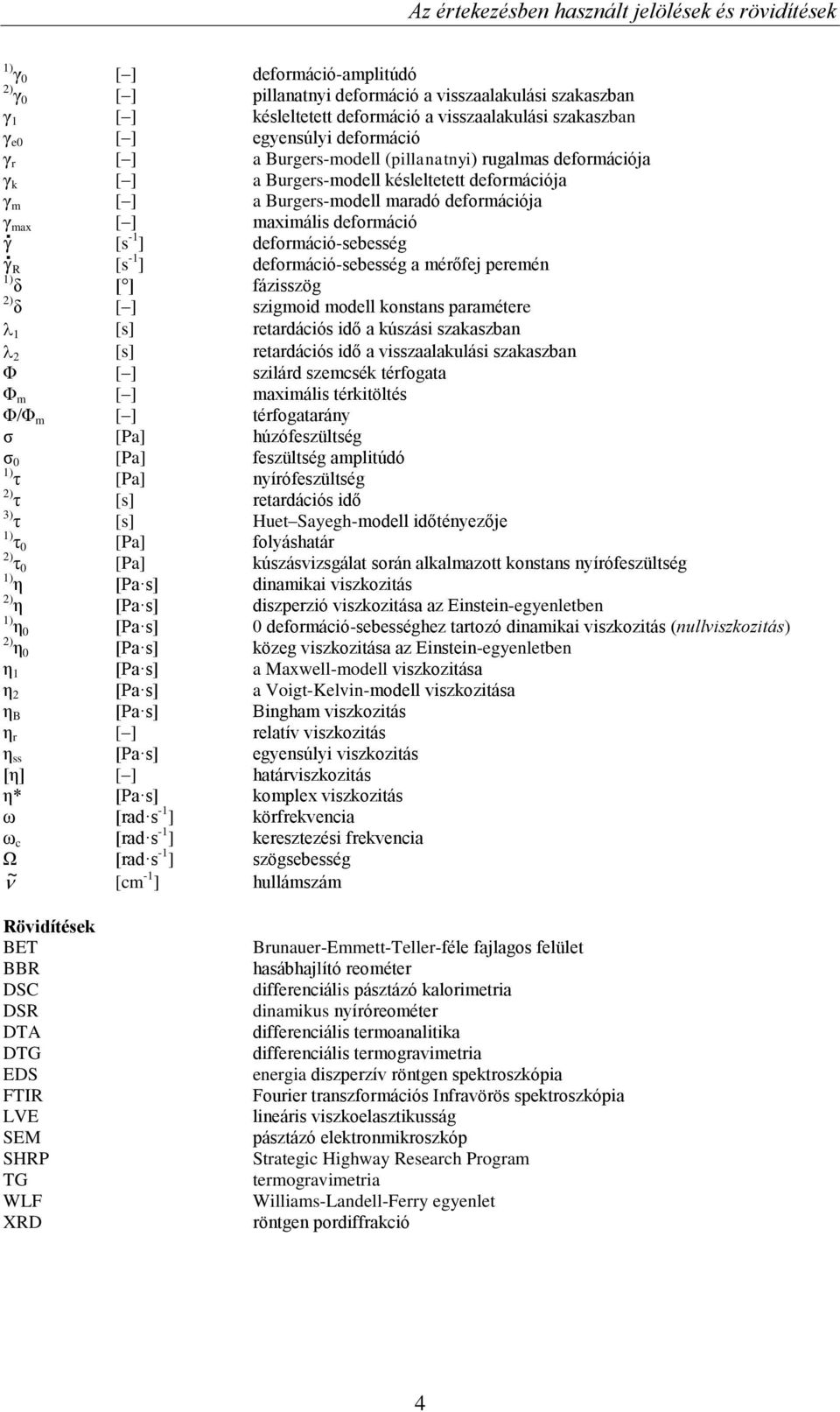 γ max [ ] maximális deformáció Á [s -1 ] deformáció-sebesség Á R [s -1 ] deformáció-sebesség a mérőfej peremén 1) δ [ ] fázisszög 2) δ [ ] szigmoid modell konstans paramétere 1 [s] retardációs idő a