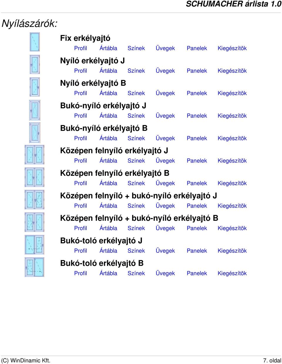 felnyíló erkélyajtó B Középen felnyíló + bukó-nyíló erkélyajtó J Középen