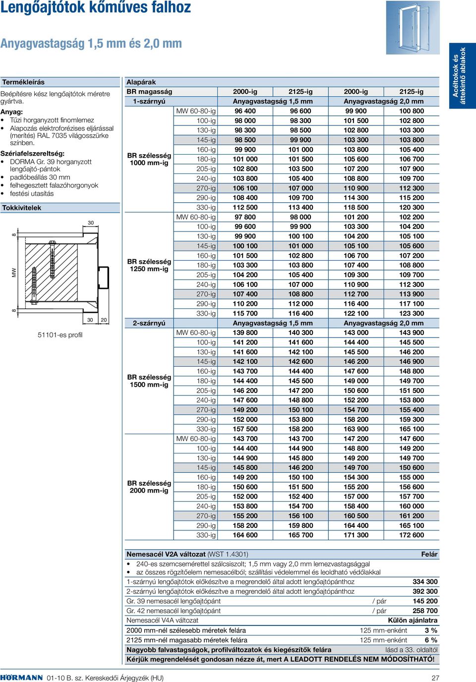 39 horganyzott lengőajtó-pántok padlóbeállás 30 mm felhegesztett falazóhorgonyok festési utasítás Tokkivitelek 8 MW 8 51101-es profil 30 30 20 Alapárak BR magasság 2000-ig 2125-ig 2000-ig 2125-ig