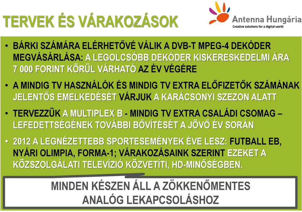 MULTIPLEX B - MINDIG TV EXTRA CSALÁDI CSOMAG LEFEDETTSÉGÉNEK TOVÁBBI BŐVÍTÉSÉT A JÖVŐ ÉV SORÁN 2012 A LEGNÉZETTEBB SPORTESEMÉNYEK ÉVE LESZ: FUTBALL EB,