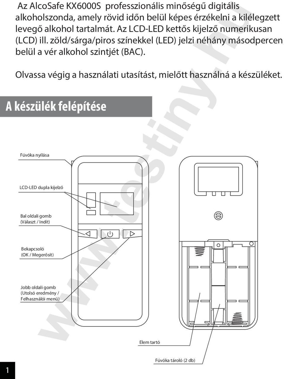 zöld/sárga/piros színekkel (LED) jelzi néhány másodpercen belül a vér alkohol szintjét (BAC).