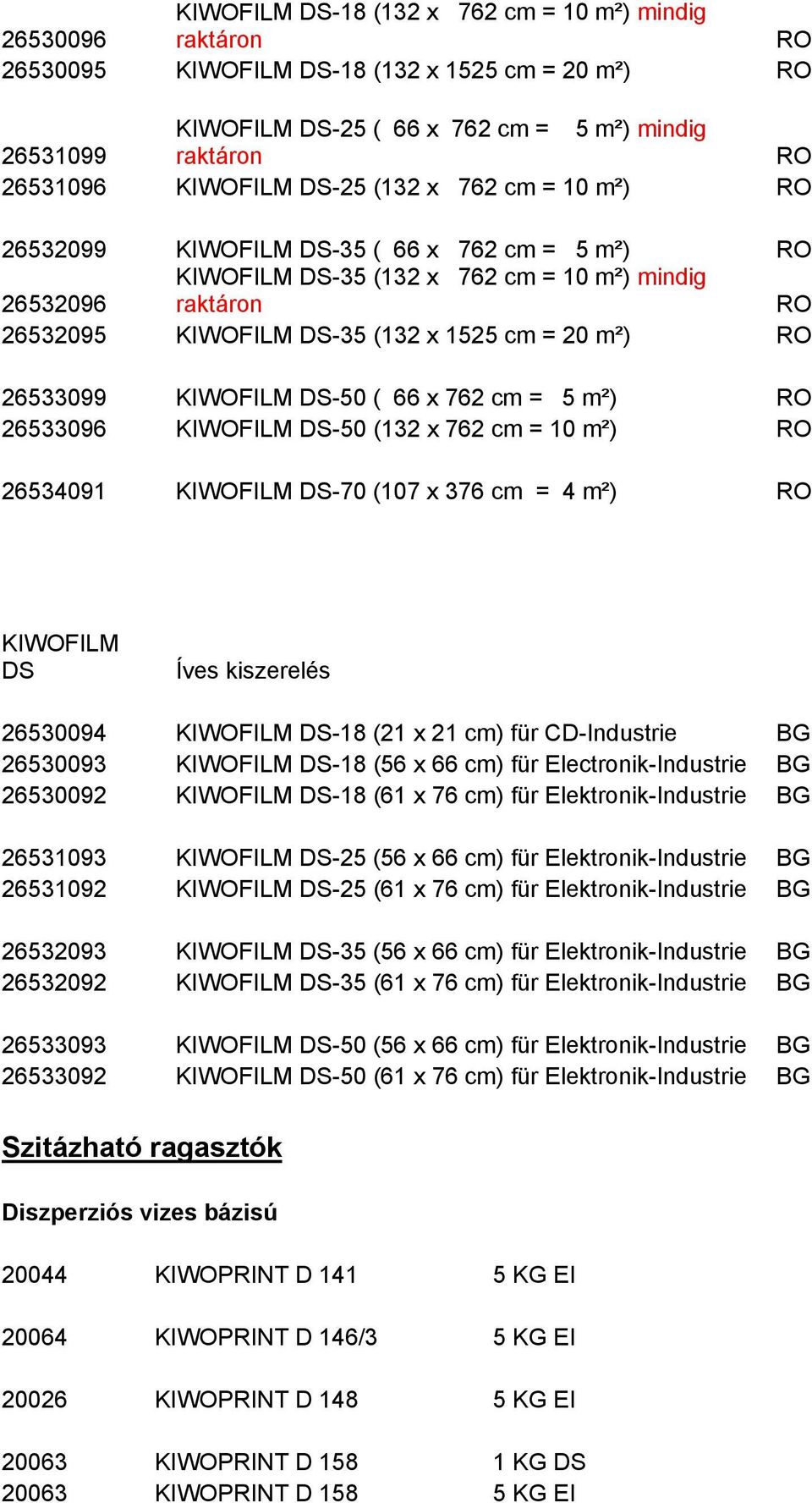 DS-50 ( 66 x 762 cm = 5 m²) 26533096 KIWOFILM DS-50 (132 x 762 cm = 10 m²) 26534091 KIWOFILM DS-70 (107 x 376 cm = 4 m²) KIWOFILM DS Íves kiszerelés 26530094 KIWOFILM DS-18 (21 x 21 cm) für