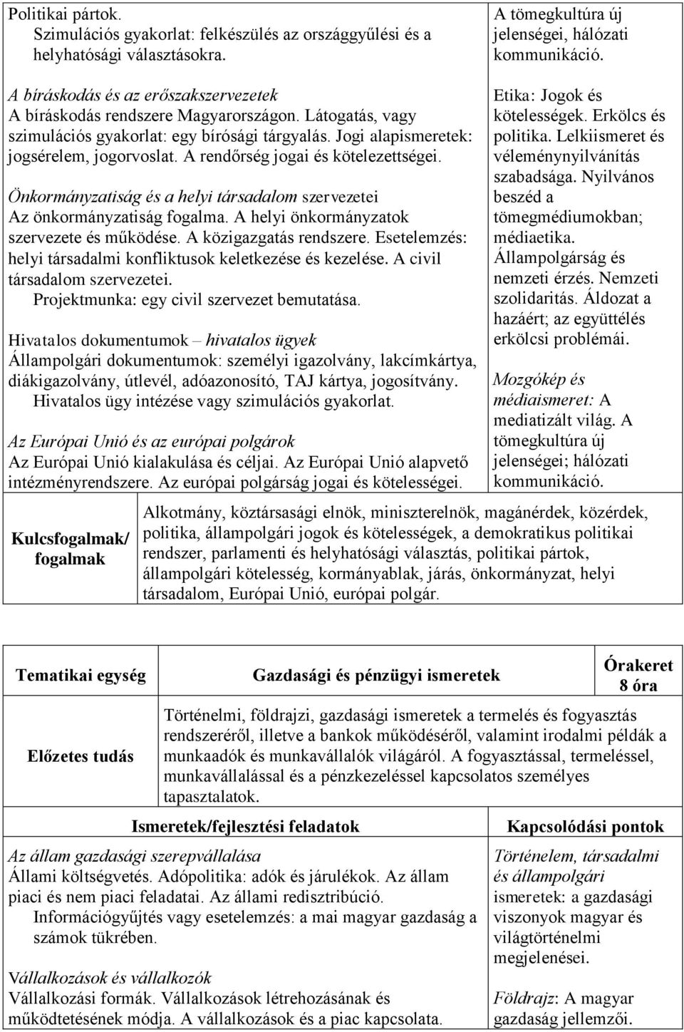 A rendőrség jogai és kötelezettségei. Önkormányzatiság és a helyi társadalom szervezetei Az önkormányzatiság fogalma. A helyi önkormányzatok szervezete és működése. A közigazgatás rendszere.