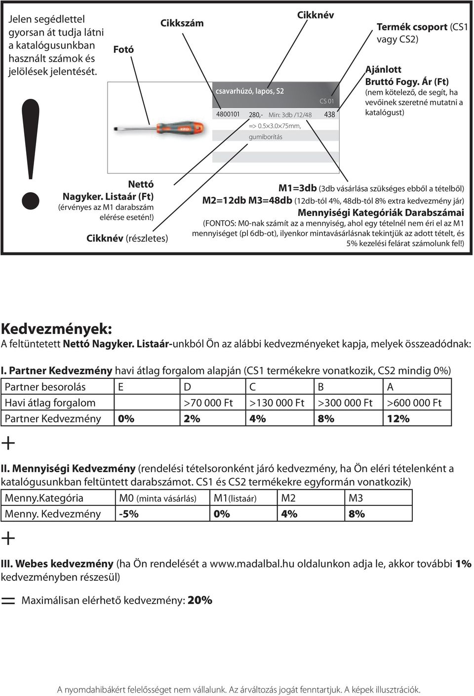 Ár (Ft) (nem kötelező, de segít, ha vevőinek szeretné mutatni a katalógust) M1=3db (3db vásárlása szükséges ebből a tételből) M2=12db M3=48db (12db-tól 4%, 48db-tól 8% extra kedvezmény jár)