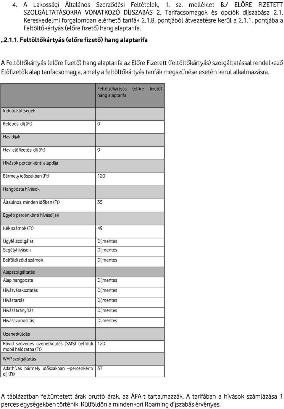 alaptarifa az Előre Fizetett (feltöltőkártyás) szolgáltatással rendelkező Előfizetők alap tarifacsomagja, amely a feltöltőkártyás tarifák megszűnése esetén kerül alkalmazásra.