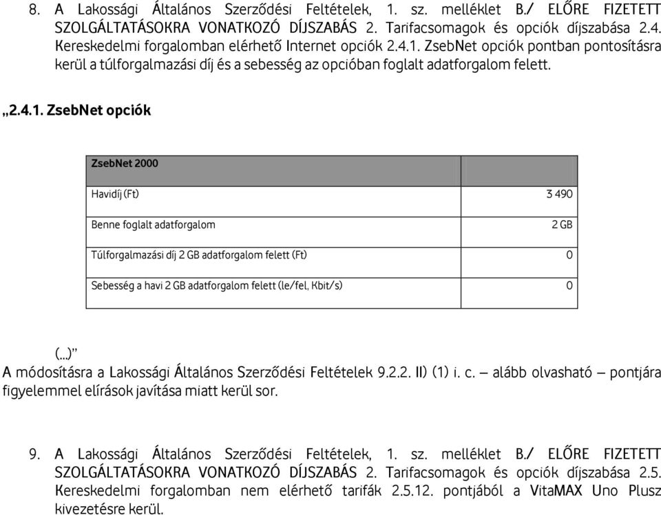 ZsebNet opciók pontban pontosításra kerül a túlforgalmazási díj és a sebesség az opcióban foglalt adatforgalom felett. 2.4.1.