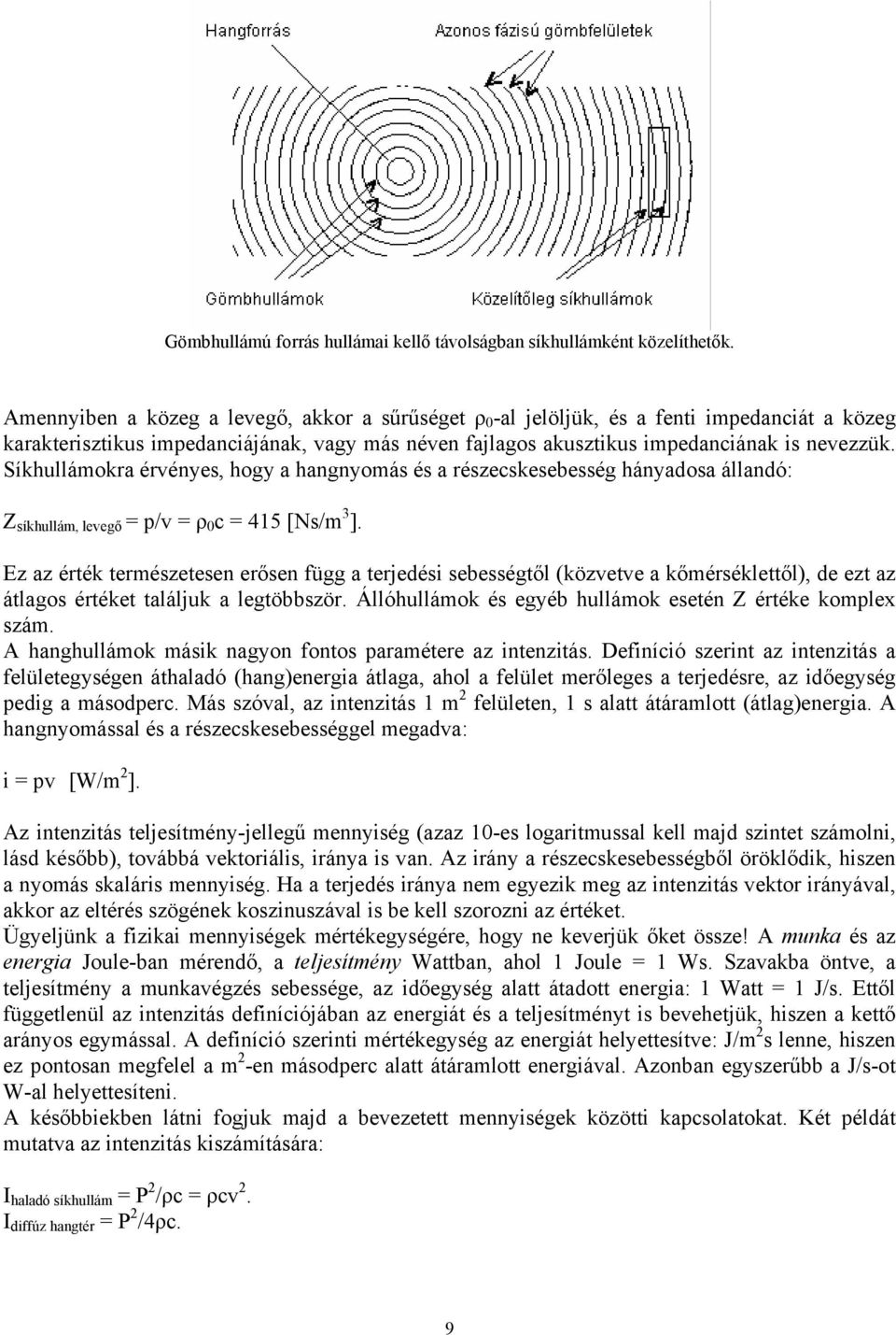 Síkhullámokra érvényes, hogy a hangnyomás és a részecskesebesség hányadosa állandó: Z síkhullám, levegő = p/v = ρ 0 c = 415 [Ns/m 3 ].
