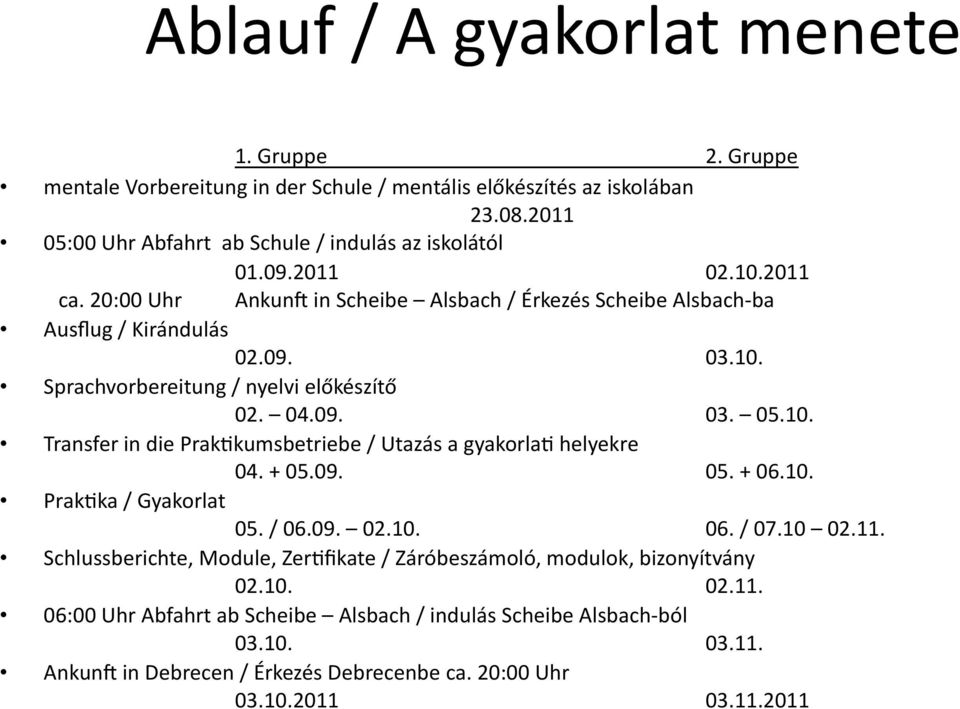 + 05.09. 05. + 06.10. PrakKka / Gyakorlat 05. / 06.09. 02.10. 06. / 07.10 02.11. Schlussberichte, Module, ZerKfikate / Záróbeszámoló, modulok, bizonyítvány 02.10. 02.11. 06:00 Uhr Abfahrt ab Scheibe Alsbach / indulás Scheibe Alsbach- ból 03.