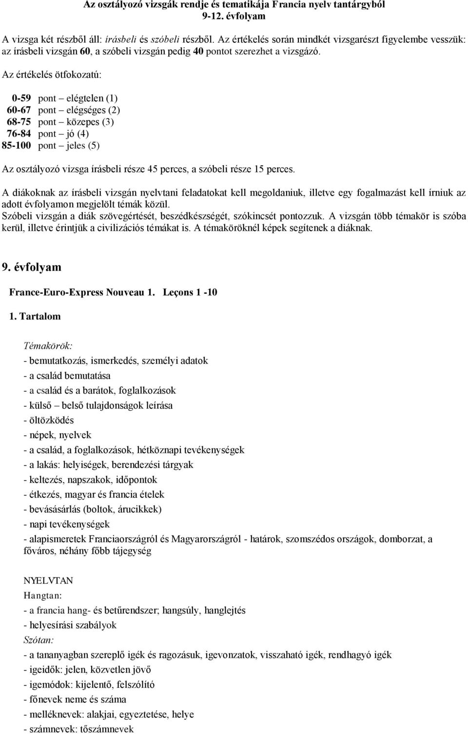 Az értékelés ötfokozatú: 0-59 pont elégtelen (1) 60-67 pont elégséges (2) 68-75 pont közepes (3) 76-84 pont jó (4) 85-100 pont jeles (5) Az osztályozó vizsga írásbeli része 45 perces, a szóbeli része