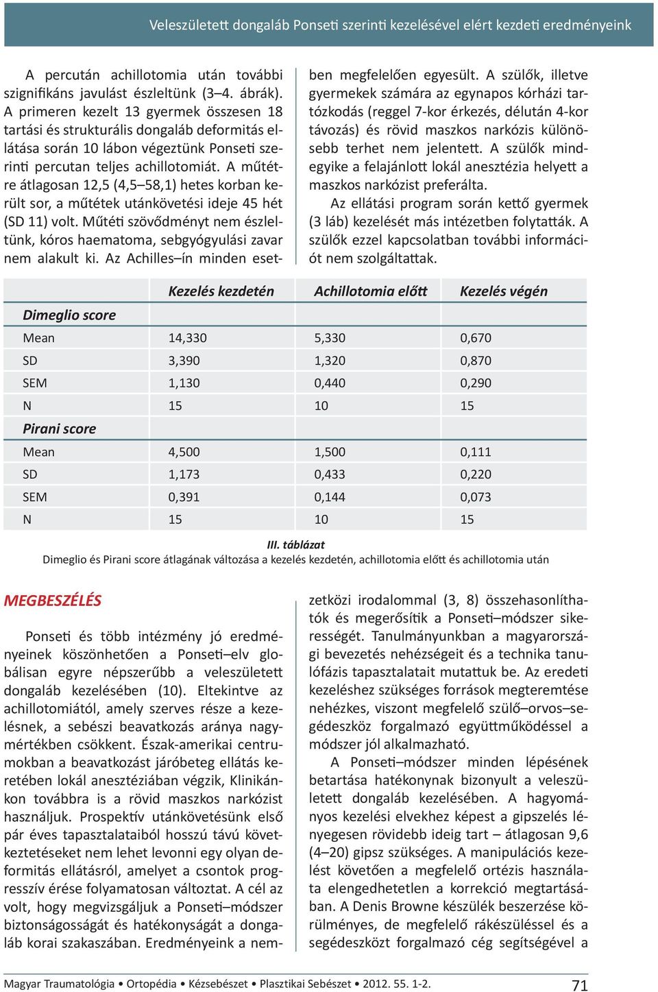 A műtétre átlagosan 12,5 (4,5 58,1) hetes korban került sor, a műtétek utánkövetési ideje 45 hét (SD 11) volt. Műté szövődményt nem észleltünk, kóros haematoma, sebgyógyulási zavar nem alakult ki.