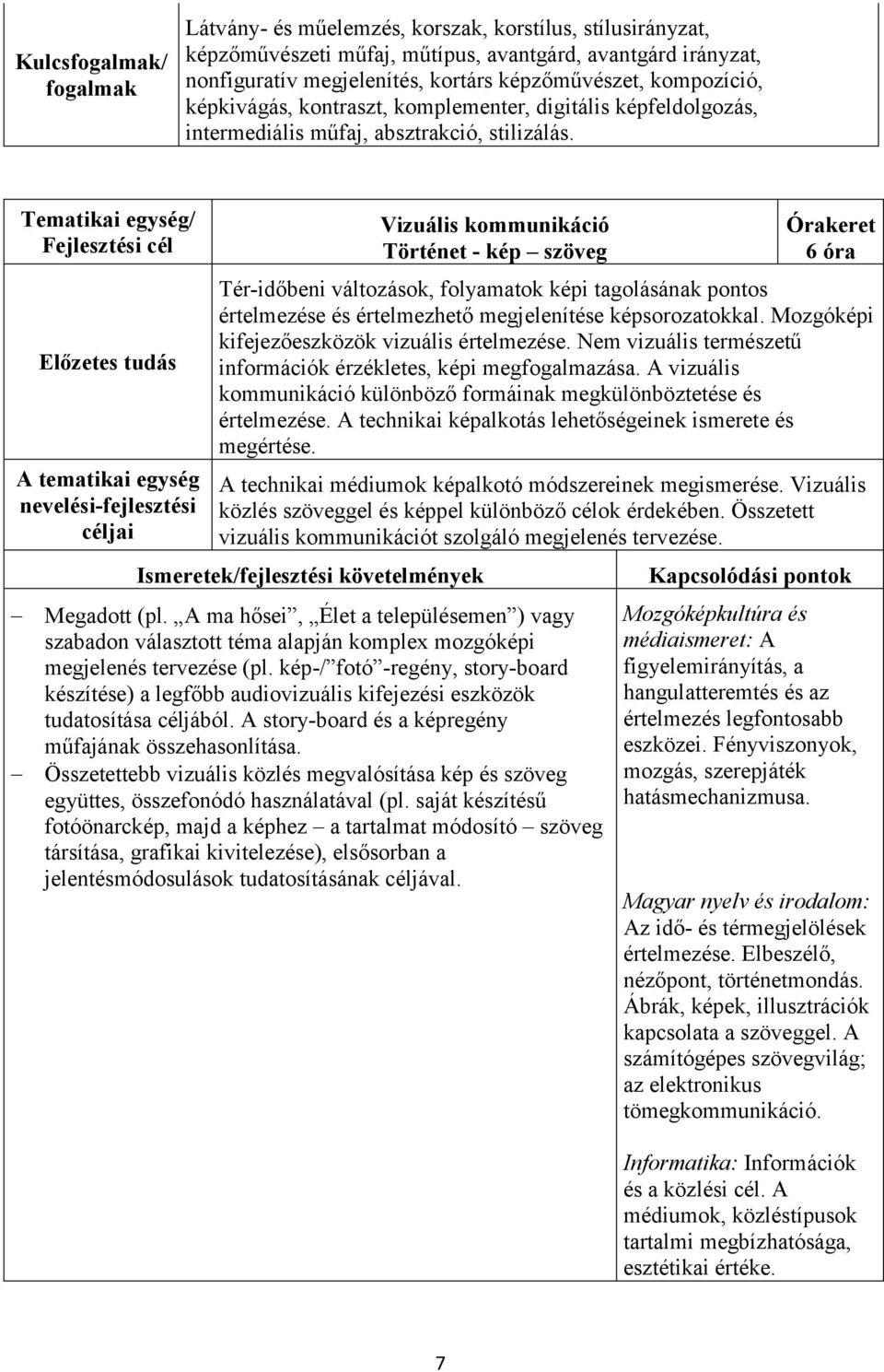 Tematikai egység/ Fejlesztési cél Előzetes tudás A tematikai egység nevelési-fejlesztési céljai Vizuális kommunikáció Történet - kép szöveg Órakeret 6 óra Tér-időbeni változások, folyamatok képi