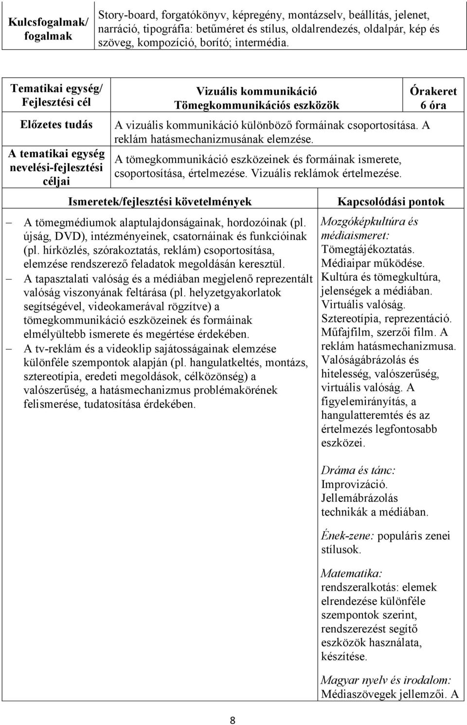 Tematikai egység/ Fejlesztési cél Előzetes tudás A tematikai egység nevelési-fejlesztési céljai Vizuális kommunikáció Tömegkommunikációs eszközök A vizuális kommunikáció különböző formáinak