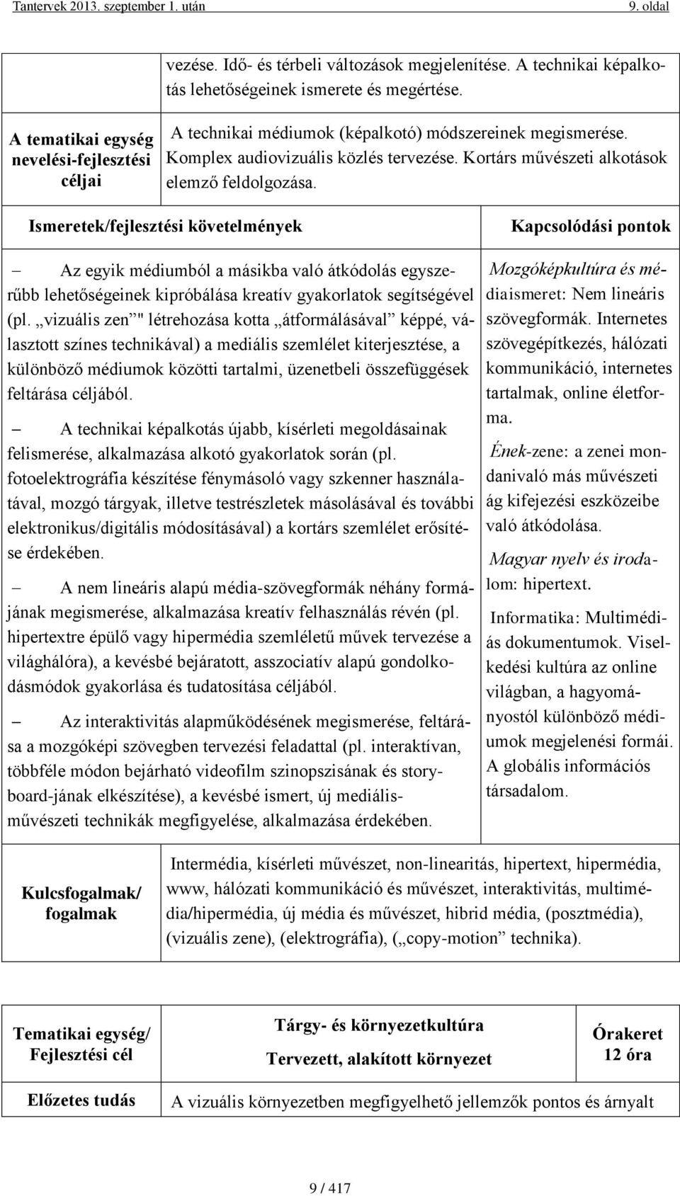 Ismeretek/fejlesztési követelmények Kapcsolódási pontok Az egyik médiumból a másikba való átkódolás egyszerűbb lehetőségeinek kipróbálása kreatív gyakorlatok segítségével (pl.