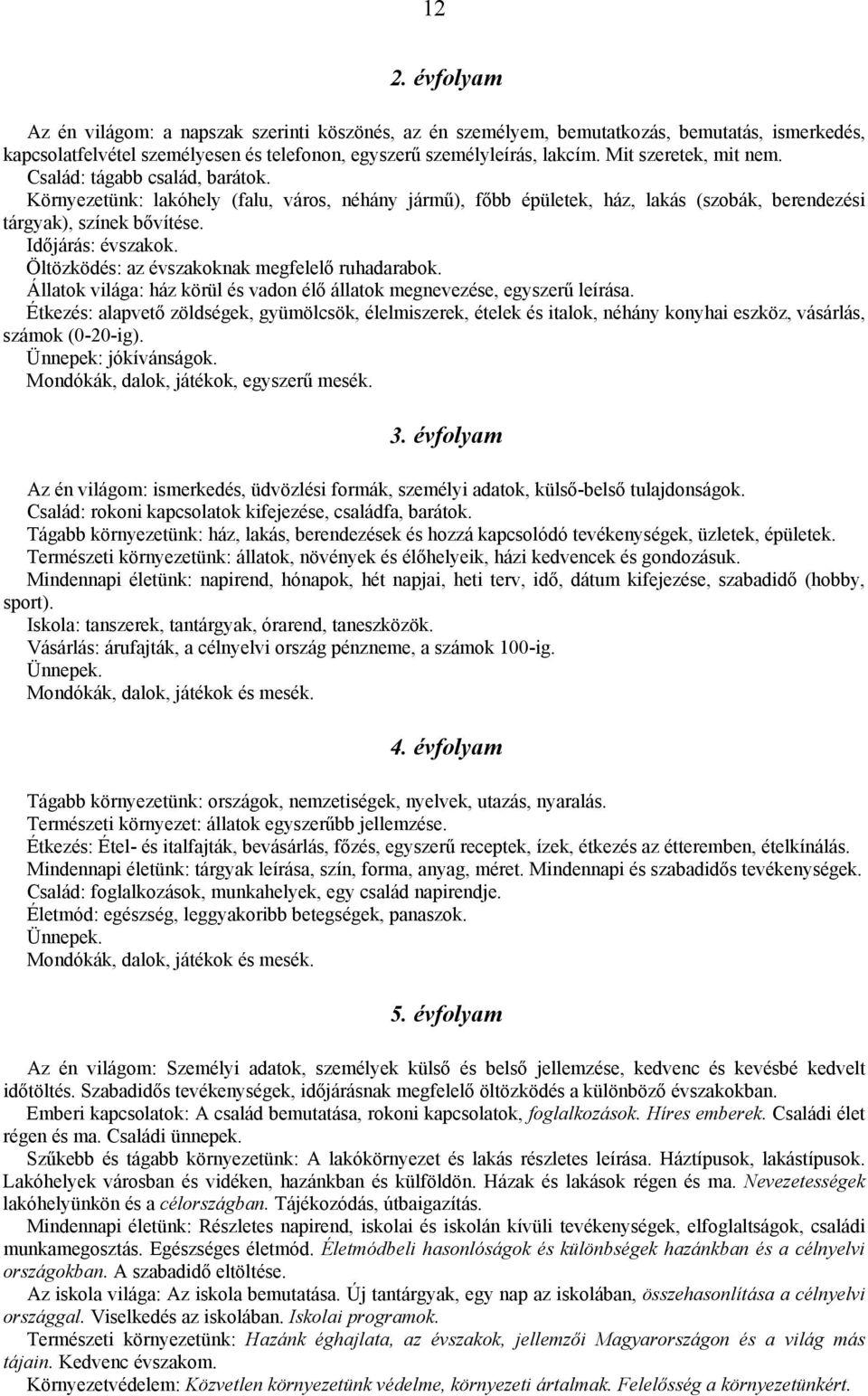 Öltözködés: az évszakoknak megfelelő ruhadarabok. Állatok világa: ház körül és vadon élő állatok megnevezése, egyszerű leírása.