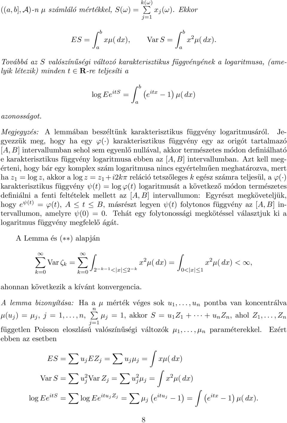 log Ee its = b a ( e itx 1 ) µ( dx) Megjegyzés: A lemmában beszéltünk karakterisztikus függvény logaritmusáról.