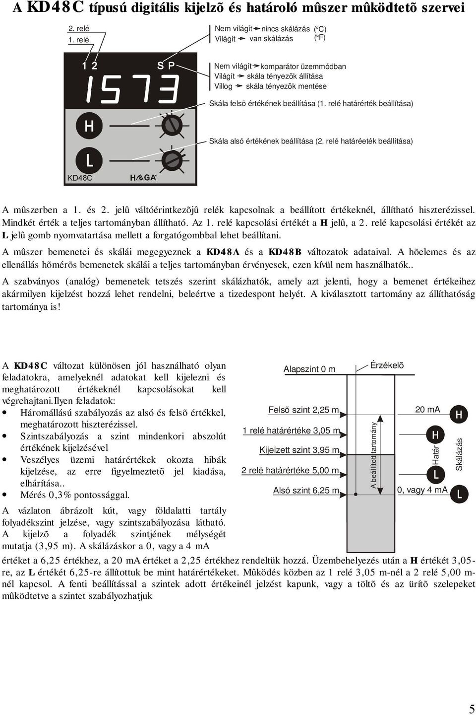 relé határérték beállítása) Skála alsó értékének beállítása (2. relé határéeték beállítása) KD48C A mûszerben a. és 2.