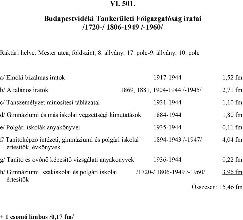 végzettségi kimutatások 884-944,80 fm e/ Polgári iskolák anyakönyvei 935-944 0, fm f/ Tanítóképző intézeti, gimnáziumi és polgári iskolai 894-943 /-947/ 4,04 fm értesítők,