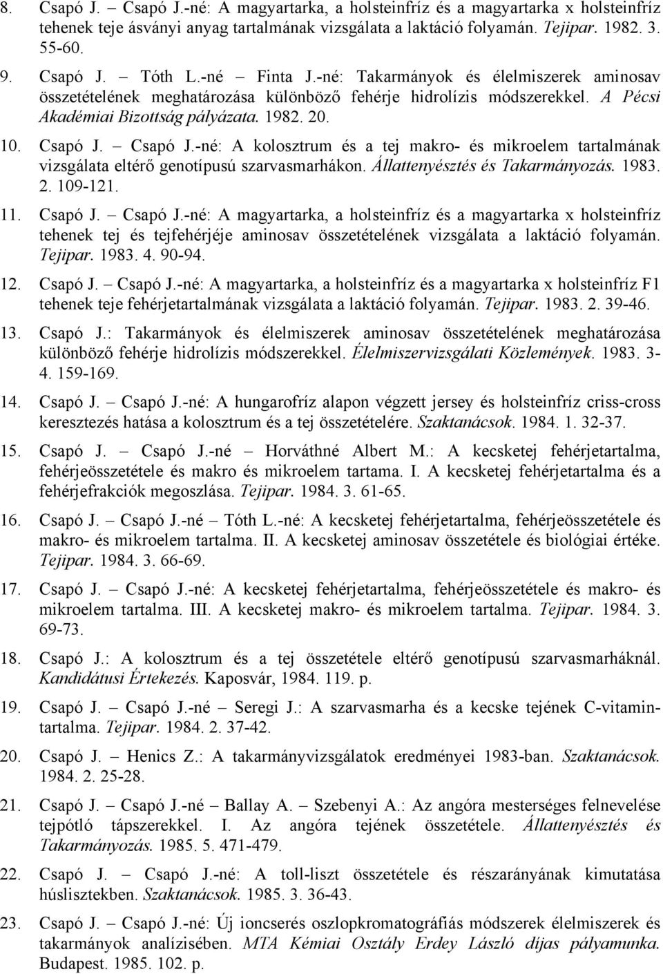 Csapó J.-né: A kolosztrum és a tej makro- és mikroelem tartalmának vizsgálata eltérő genotípusú szarvasmarhákon. Állattenyésztés és Takarmányozás. 1983. 2. 109-121. 11. Csapó J.