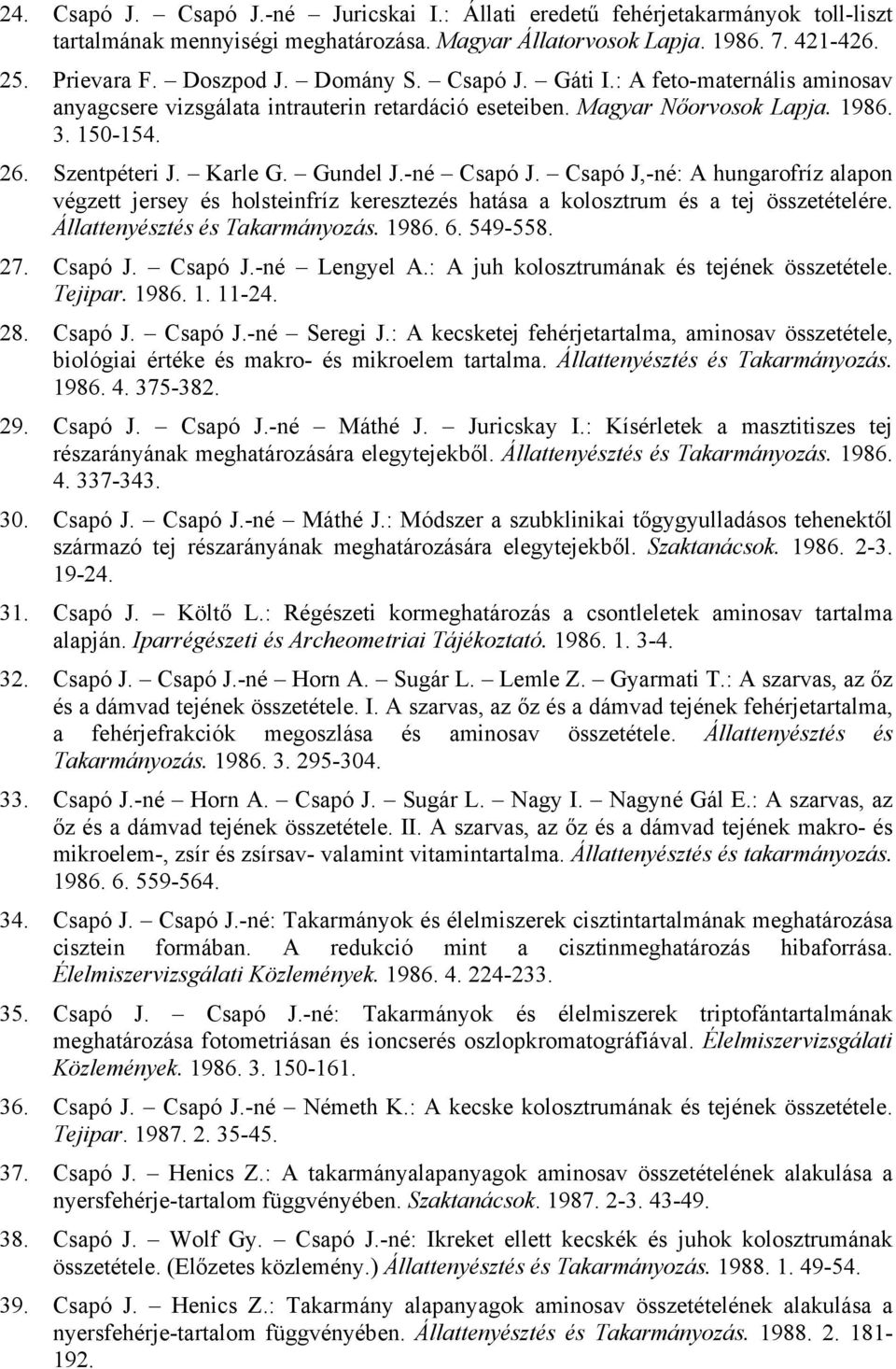 -né Csapó J. Csapó J,-né: A hungarofríz alapon végzett jersey és holsteinfríz keresztezés hatása a kolosztrum és a tej összetételére. Állattenyésztés és Takarmányozás. 1986. 6. 549-558. 27. Csapó J. Csapó J.-né Lengyel A.