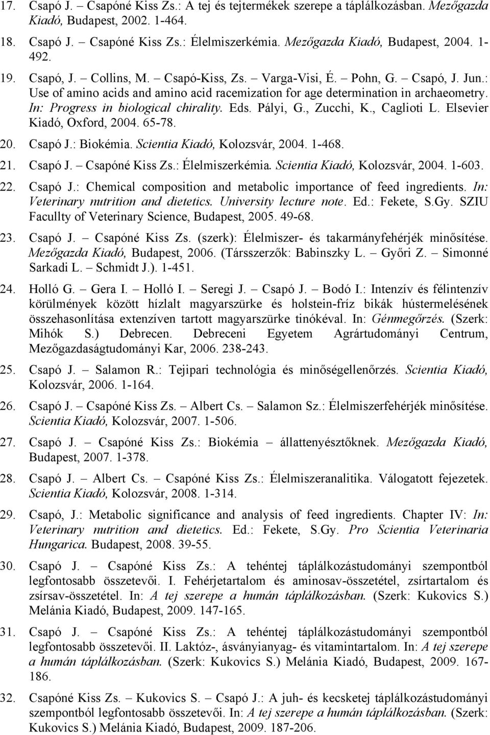 In: Progress in biological chirality. Eds. Pályi, G., Zucchi, K., Caglioti L. Elsevier Kiadó, Oxford, 2004. 65-78. 20. Csapó J.: Biokémia. Scientia Kiadó, Kolozsvár, 2004. 1-468. 21. Csapó J. Csapóné Kiss Zs.