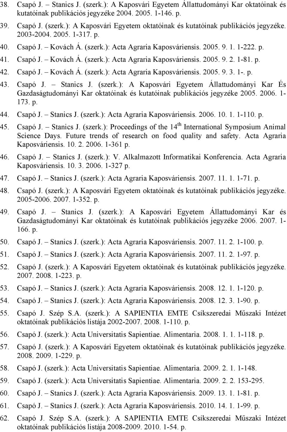 Csapó J. Kovách Á. (szerk.): Acta Agraria Kaposváriensis. 2005. 9. 3. 1-. p. 43. Csapó J. Stanics J. (szerk.): A Kaposvári Egyetem Állattudományi Kar És Gazdaságtudományi Kar oktatóinak és kutatóinak publikációs jegyzéke 2005.