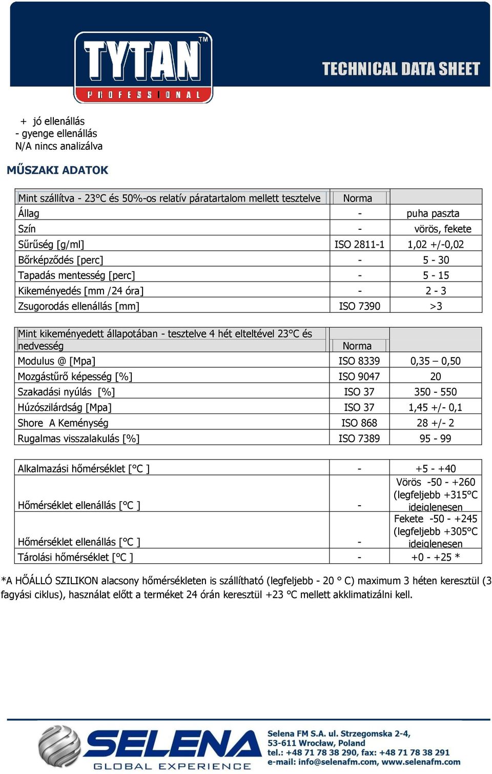 tesztelve 4 hét elteltével 23 C és 50% relatív páratartalom mellett nedvesség Norma Modulus @ [Mpa] ISO 8339 0,35 0,50 Mozgástűrő képesség [%] ISO 9047 20 Szakadási nyúlás [%] ISO 37 350-550