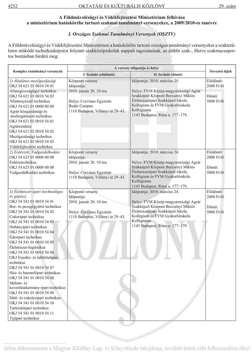 szakközépiskolák nappali tagozatainak, az alábbi szak-, illetve szakmacsoportos bontásban hirdeti meg: Komplex tanulmányi versenyek 1) Általános mezõgazdasági OKJ 54 621 03 0010 54 01