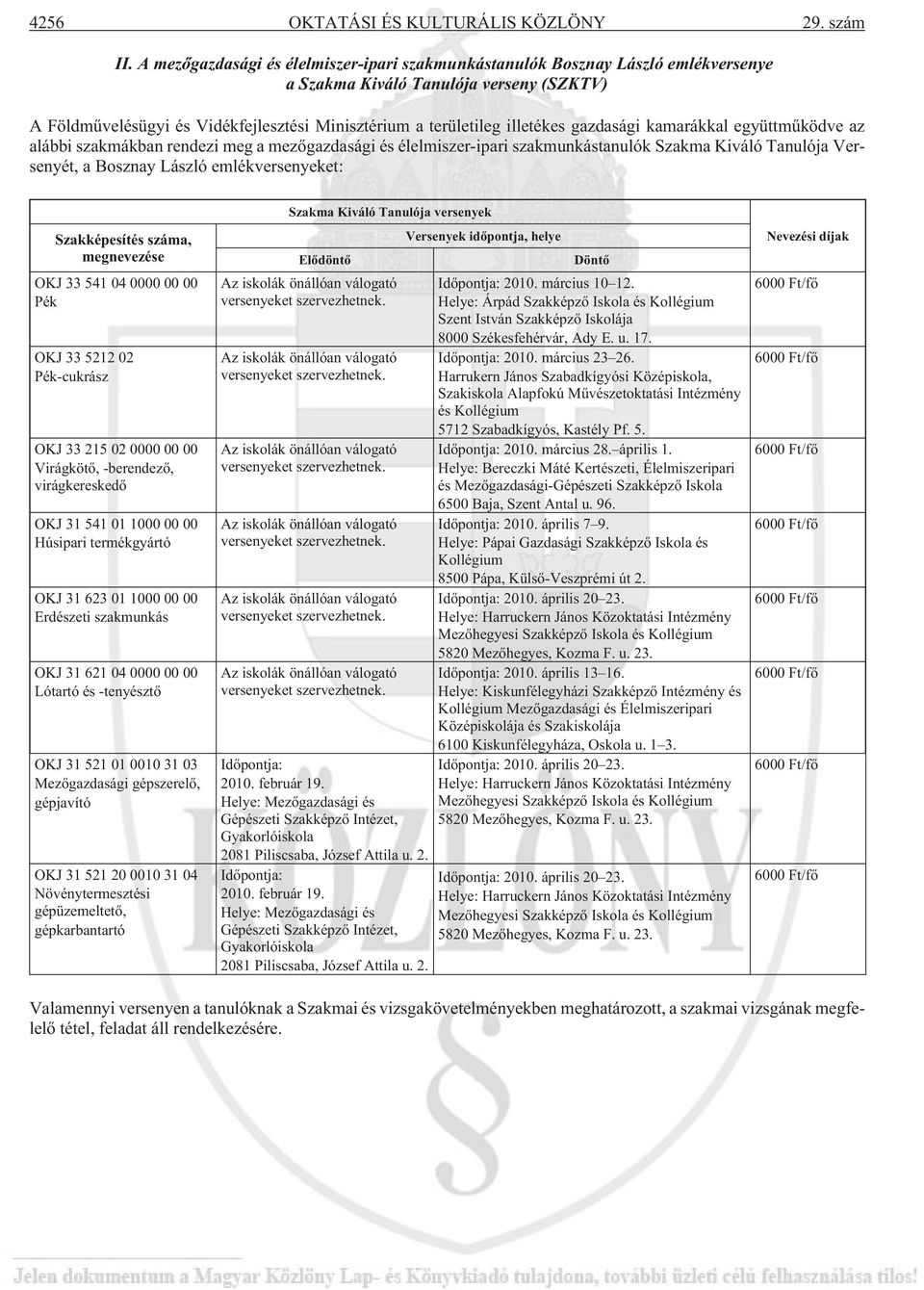 gazdasági kamarákkal együttmûködve az alábbi szakmákban rendezi meg a mezõgazdasági és élelmiszer-ipari szakmunkástanulók Szakma Kiváló Tanulója Versenyét, a Bosznay László emlékversenyeket: