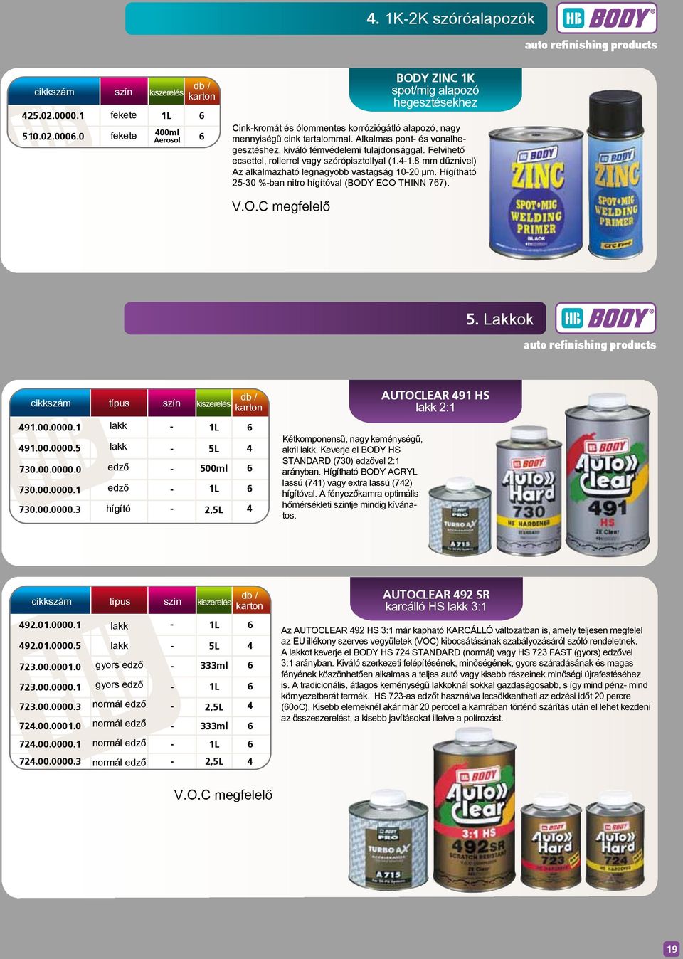 Hígítható 250 %ban nitro hígítóval (BODY ECO THINN 77). 5. Lakkok típus AUTOCLEAR 91 HS lakk 2:1 91.00.0000.1 91.00.0000.5 70.00.0000.0 70.00.0000.1 70.00.0000. lakk lakk edző edző hígító 5L 500ml 2,5L Kétkomponensű, nagy keménységű, akril lakk.