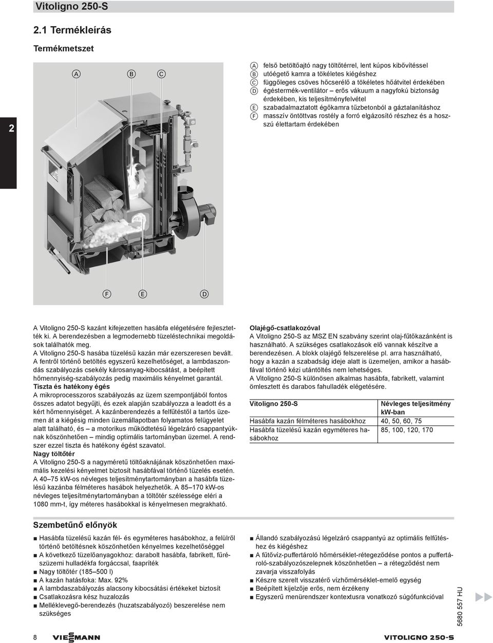 égéstermék-ventilátor erős vákuum a nagyfokú biztonság érdekében, kis teljesítményfelvétel E szabadalmaztatott égőkamra tűzbetonból a gáztalanításhoz F masszív öntöttvas rostély a forró elgázosító