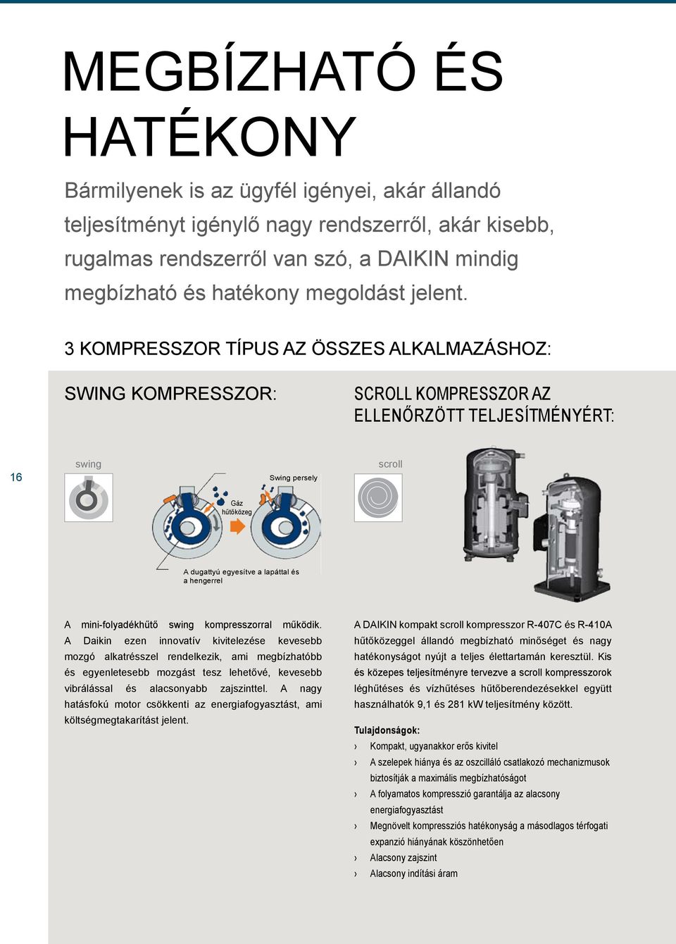 3 KOMPRESSZOR TÍPUS AZ ÖSSZES ALKALMAZÁSHOZ: SWING KOMPRESSZOR: SCROLL KOMPRESSZOR AZ ELLENŐRZÖTT TELJESÍTMÉNYÉRT: 16 swing Swing persely scroll Gáz hűtőközeg A dugattyú egyesítve a lapáttal és a