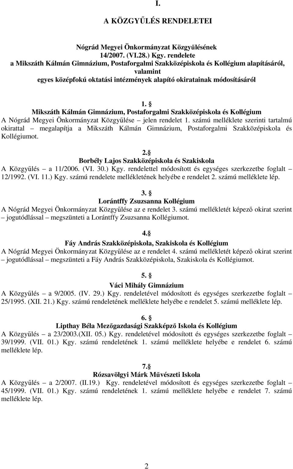 Mikszáth Kálmán Gimnázium, Postaforgalmi Szakközépiskola és Kollégium A Nógrád Megyei Önkormányzat Közgyűlése jelen rendelet 1.