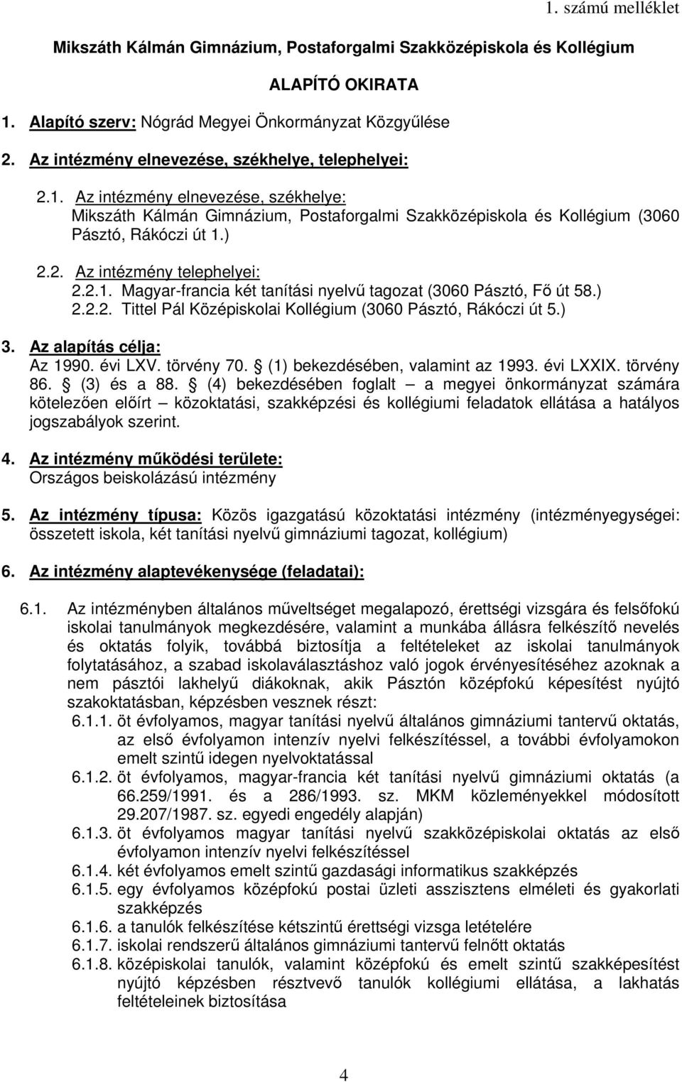 2.1. Magyar-francia két tanítási nyelvű tagozat (3060 Pásztó, Fő út 58.) 2.2.2. Tittel Pál Középiskolai Kollégium (3060 Pásztó, Rákóczi út 5.) 3. Az alapítás célja: Az 1990. évi LXV. törvény 70.